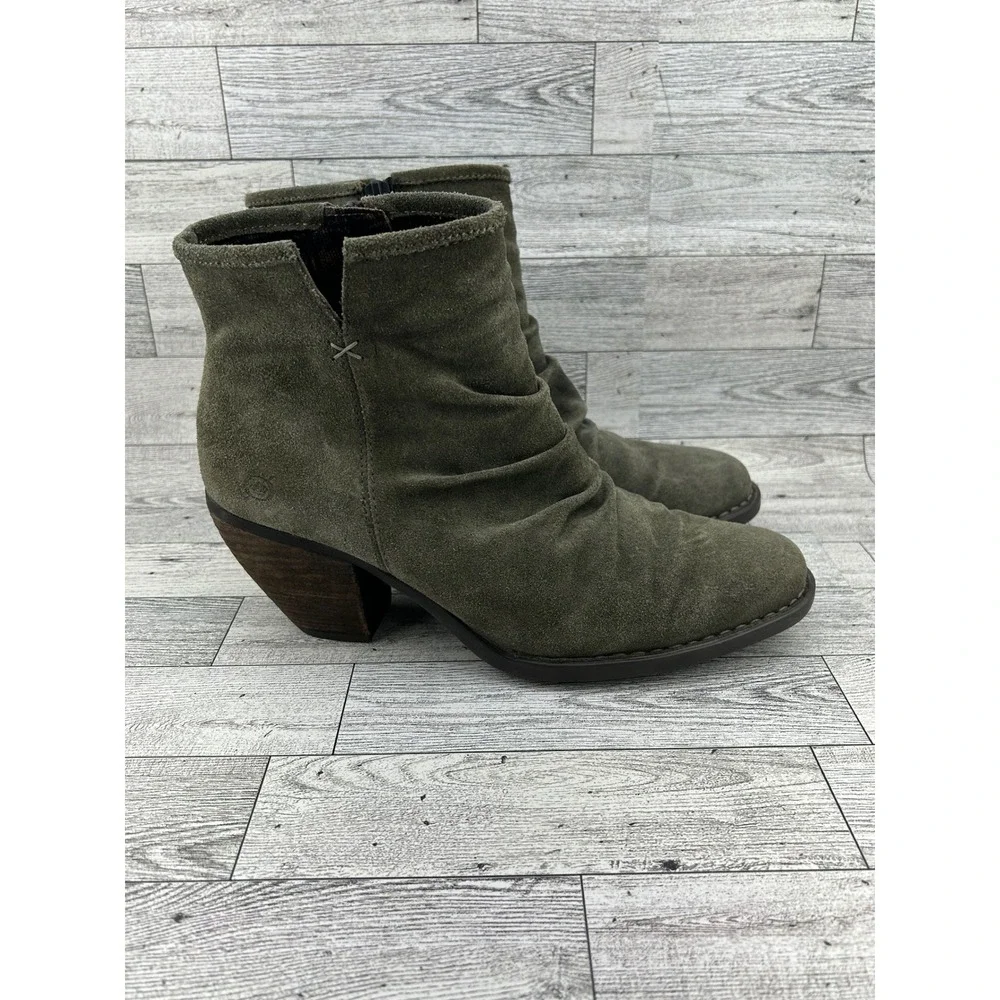 Born‎ Tarkiln Olive Green Suede Slouch Ankle Boots Men Size 9M Wood Block Heel
